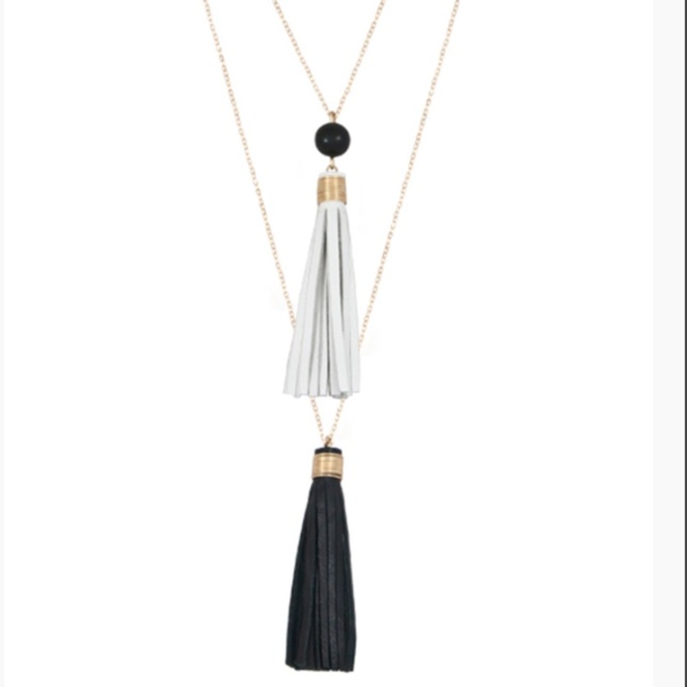 ACCOMPANY Dual Tassel Leather Black White Necklace